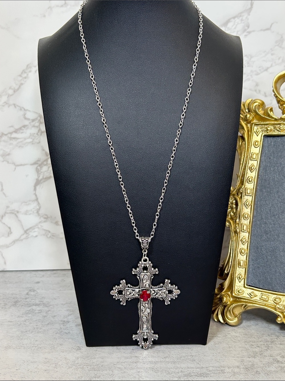 Silver-Tone Cross Pendant Necklace with Red Stone